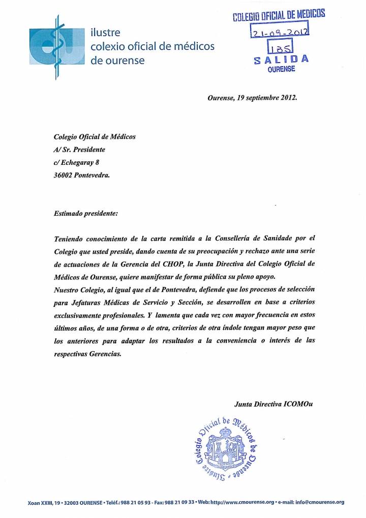 CARTA DE ADHESIÓN CON EL COLEGIO MÉDICO DE PONTEVEDRA SOBRE LAS ACTUACIONES DE LA GERENCIA DEL CHOP PINCHE SOBRE LA IMAGEN PARA LEER LA CARTA: