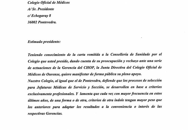 CARTA DE ADHESIÓN CON EL COLEGIO MÉDICO DE PONTEVEDRA SOBRE LAS ACTUACIONES DE LA GERENCIA DEL CHOP PINCHE SOBRE LA IMAGEN PARA LEER LA CARTA: