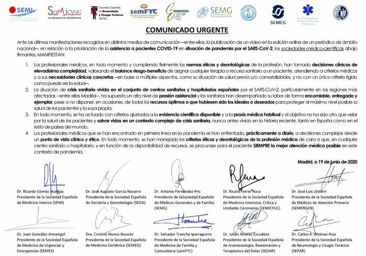 Comunicado de 10 sociedades médicas sobre la priorización de asistencia a pacientes COVID-19