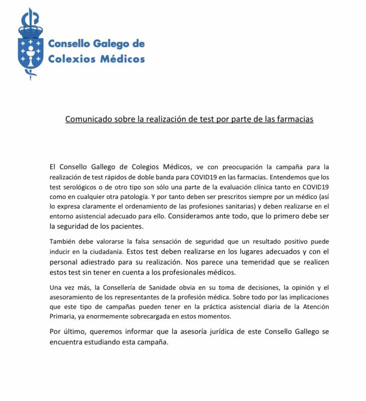 Comunicado sobre la realización de test por parte de las farmacias. Consello de Colegios Médicos de Galicia