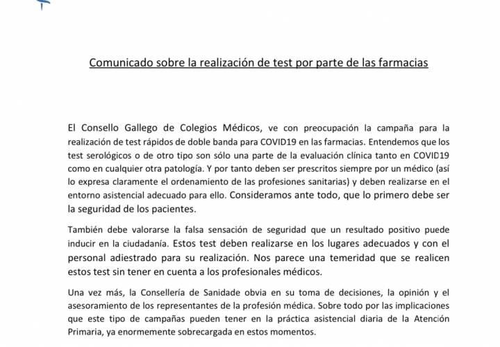 Comunicado sobre la realización de test por parte de las farmacias. Consello de Colegios Médicos de Galicia