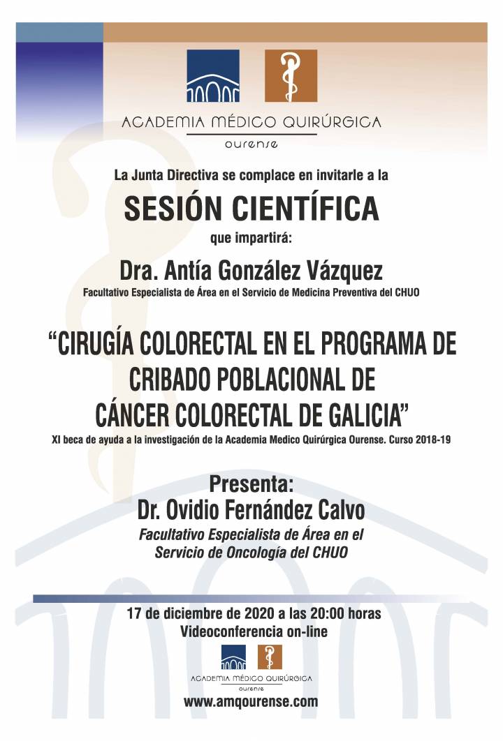 Sesión AMQ: Webinar “CIRUGIA COLORECTAL EN EL PROGRAMA DE CRIBADO POBLACIONAL DE CANCER COLORECTAL DE GALICIA.”"