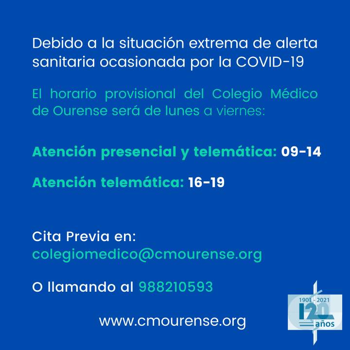 Horario provisional Oficina Colegio Médico Ourense, en adaptación a situación Pandemia COVID19