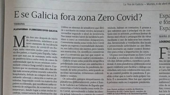 Por una estrategia tipo Zero Covid para la pandemia de COVID-19 en Galicia