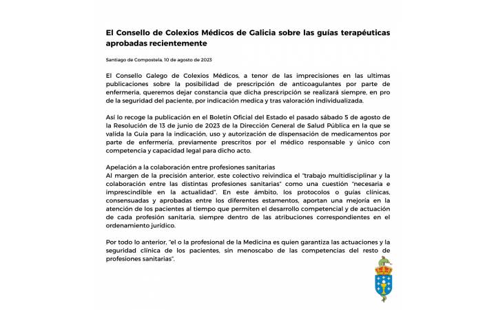 El Consello de Colexios Médicos de Galicia sobre las guías terapéuticas aprobadas recientemente