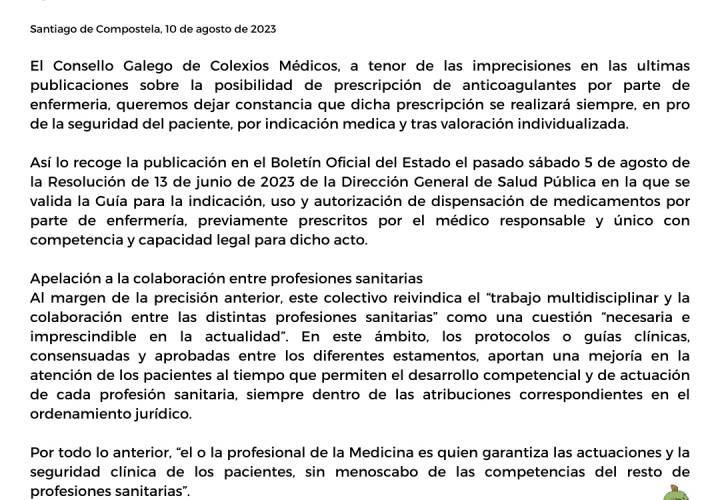 El Consello de Colexios Médicos de Galicia sobre las guías terapéuticas aprobadas recientemente